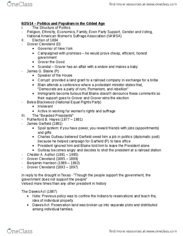 HIST 2112 Lecture Notes - Lecture 2: Jacob S. Coxey Sr., Pendleton Civil Service Reform Act, Direct Election thumbnail