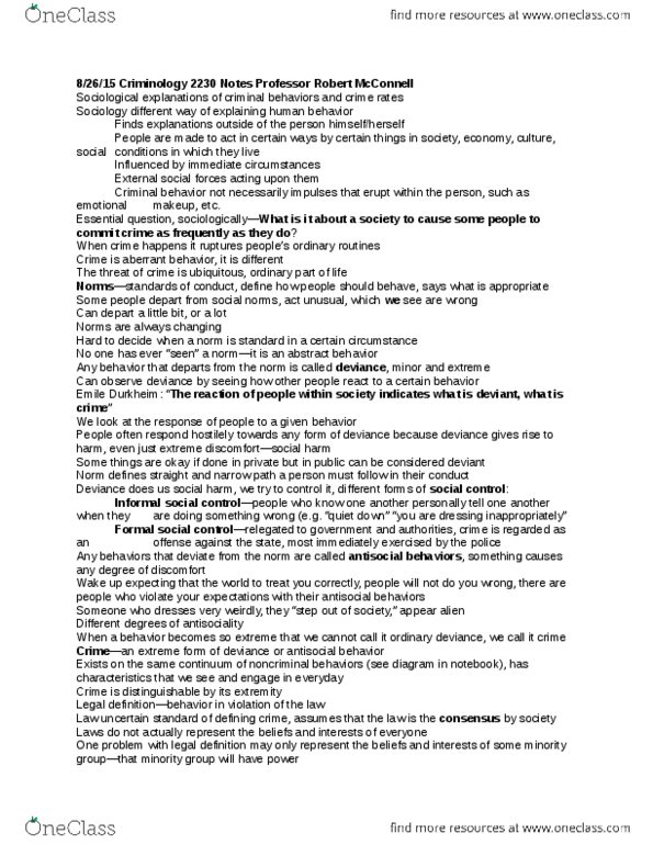 SOC 2230 Lecture Notes - Lecture 1: Norm (Social), Only Crime, Social Forces thumbnail