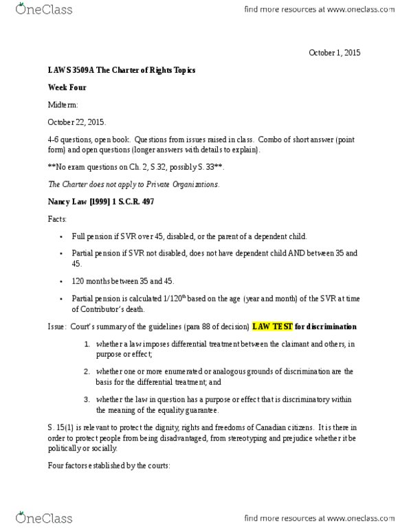 LAWS 3509 Lecture Notes - Lecture 4: Class Action, Section 15 Of The Canadian Charter Of Rights And Freedoms thumbnail
