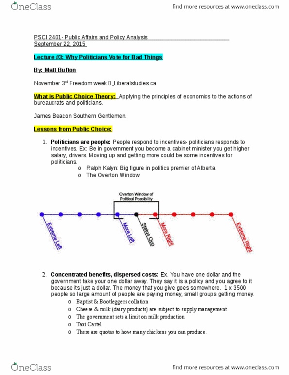 PSCI 2401 Lecture Notes - Lecture 4: Overton Window, Game Theory, Public Choice thumbnail