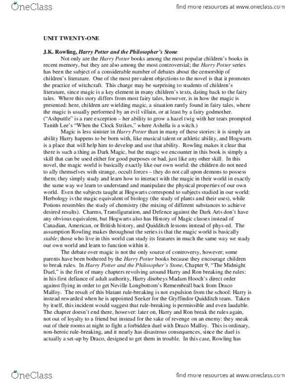 English 2033E Lecture Notes - Lecture 21: Scotch Tape, Muggle, Nicolas Flamel thumbnail