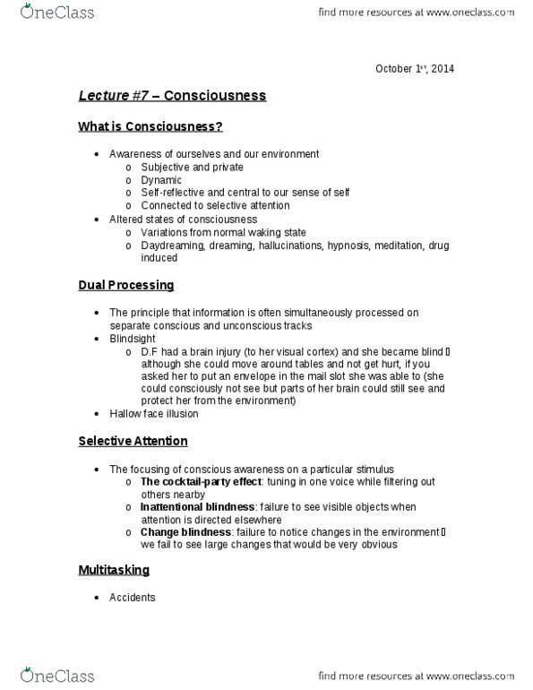 PSYC 1000 Lecture Notes - Lecture 7: Change Blindness, Visual Cortex thumbnail