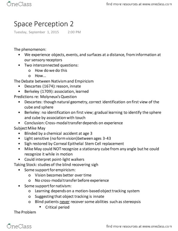 PSYC 339Lg Lecture Notes - Lecture 3: Depth Perception, Crossmodal, Proprioception thumbnail