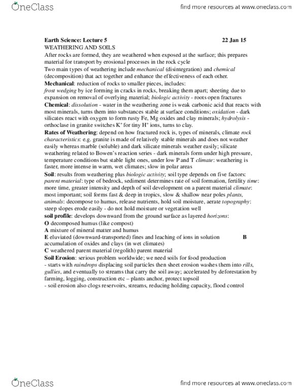 Earth Sciences 1022A/B Lecture Notes - Lecture 5: Regolith, Hydrolysis thumbnail