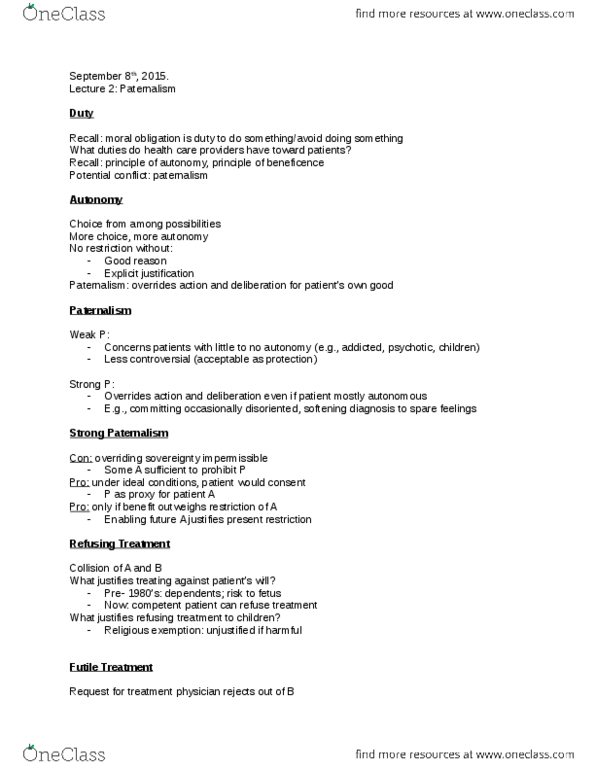 PHLB09H3 Lecture Notes - Lecture 2: Fetus, Informed Consent, Paternalism thumbnail