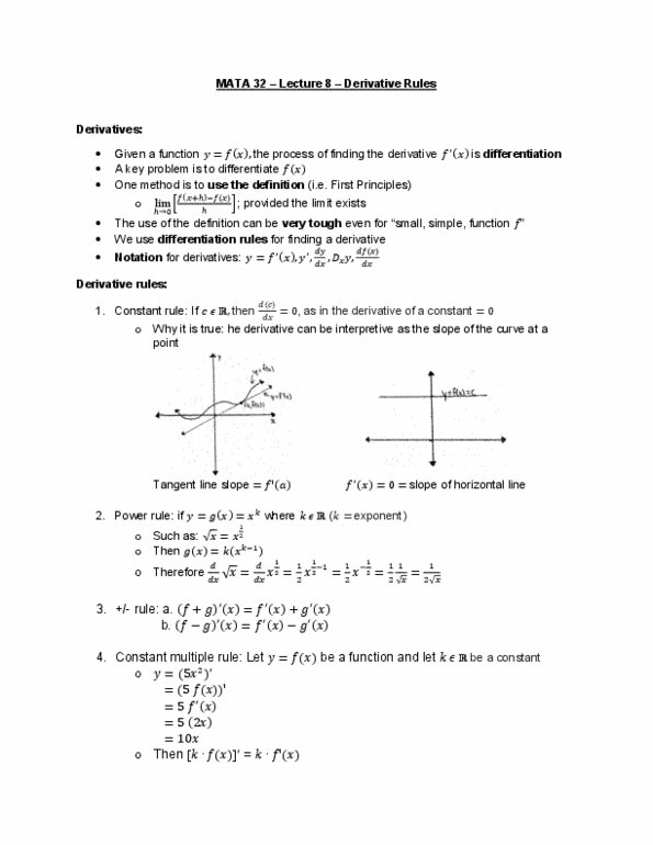 MATA32H3 Lecture Notes - Lecture 8: Product Rule, Quotient Rule, Power Rule thumbnail