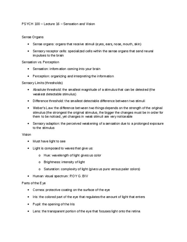 PSYCH 100 Lecture Notes - Lecture 16: Cornea, Retina, Absolute Threshold thumbnail