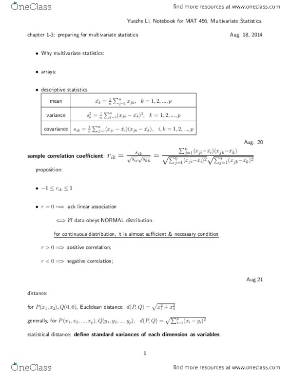 MAT 453 Lecture Notes - Lecture 1: Multivariate Statistics, Descriptive Statistics, Linear Combination thumbnail