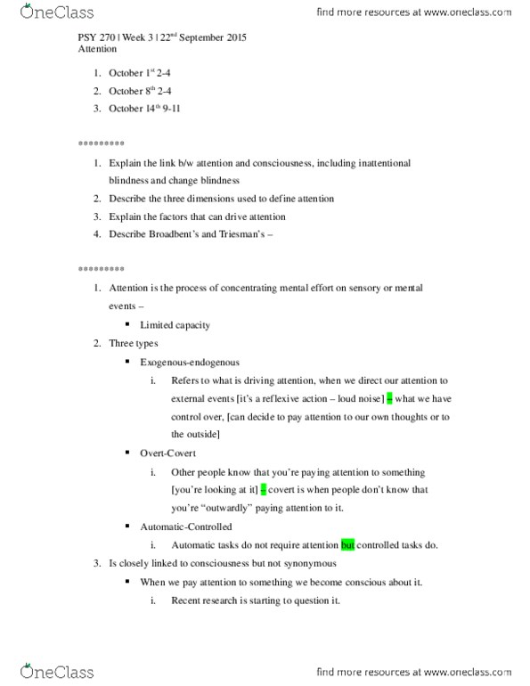 PSY270H5 Lecture Notes - Lecture 1: Peanut Butter, Cocktail Party, Mental Chronometry thumbnail