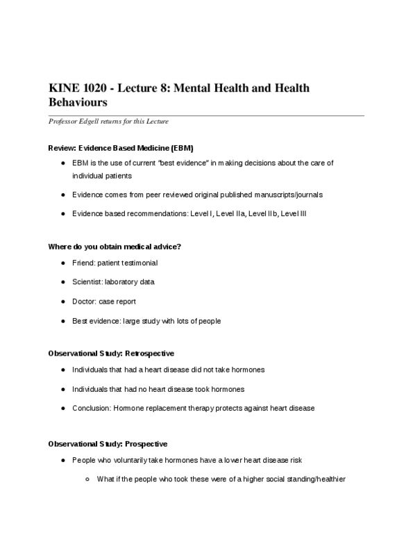 KINE 1020 Lecture Notes - Lecture 8: Health Promotion, Evidence-Based Medicine, Electronic Body Music thumbnail