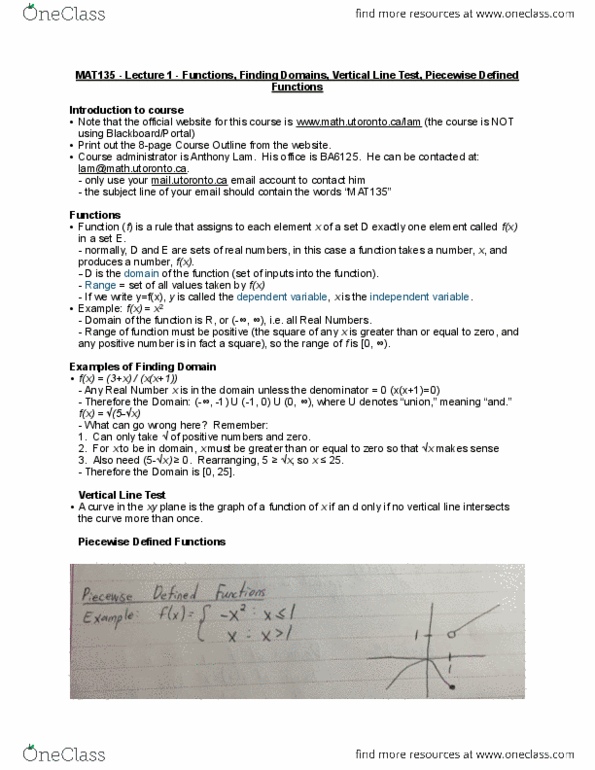 MAT135H1 Lecture Notes - Lecture 1: Piecewise, Real Number, Dependent And Independent Variables thumbnail