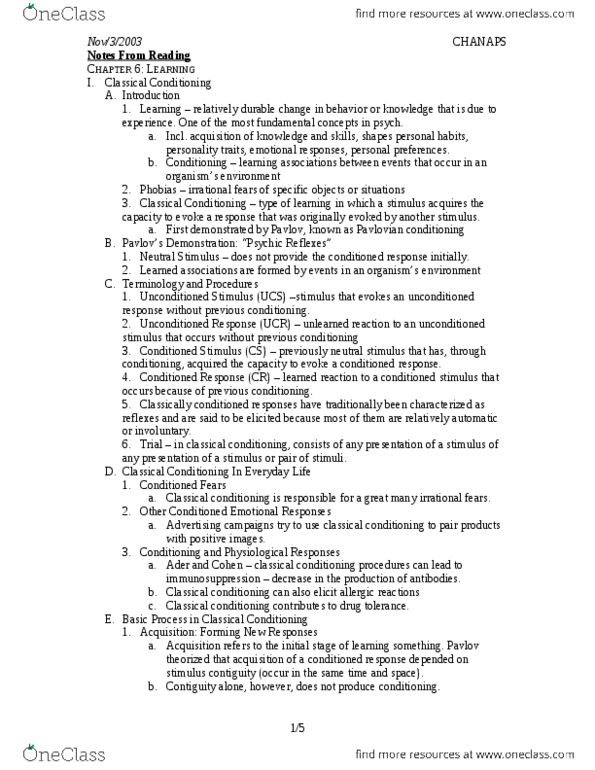 PSY100Y5 Lecture Notes - Lecture 6: Optimal Foraging Theory, Reward System, Observational Learning thumbnail