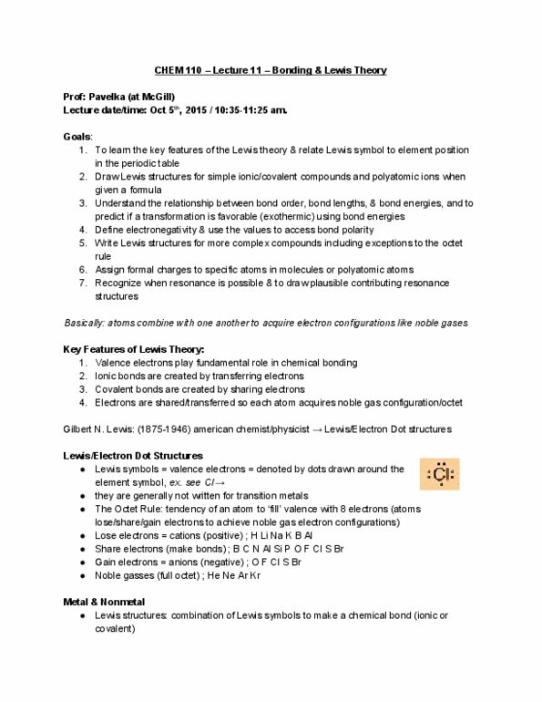 CHEM 110 Lecture Notes - Lecture 11: Lewis Acids And Bases, Valence Electron, Bond Order thumbnail