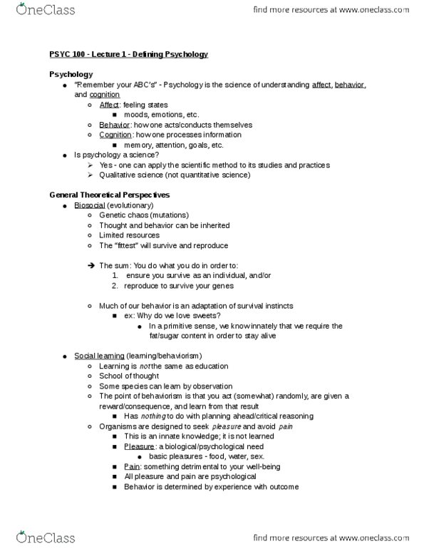 PSYC 100 Lecture Notes - Lecture 1: Scientific Method, Behaviorism thumbnail