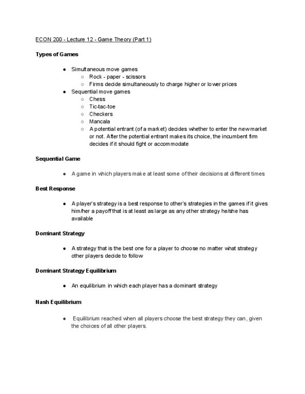 ECON 200 Lecture Notes - Lecture 12: Nash Equilibrium, Strategic Dominance, Mancala thumbnail