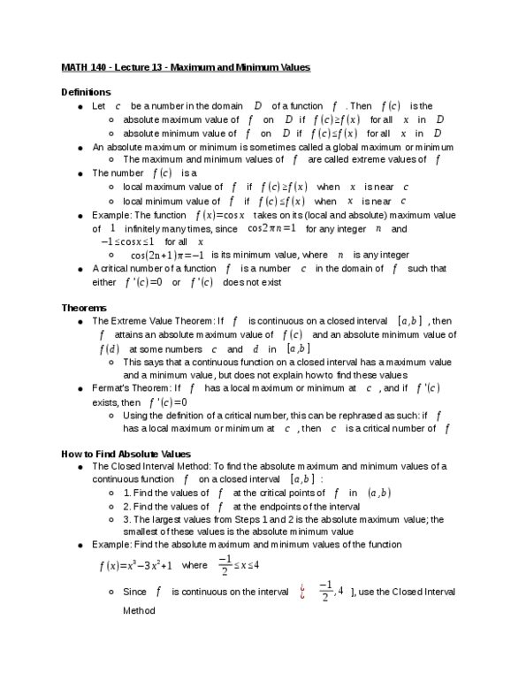 MATH 140 Lecture Notes - Lecture 13: Maxima And Minima, Horse Length thumbnail