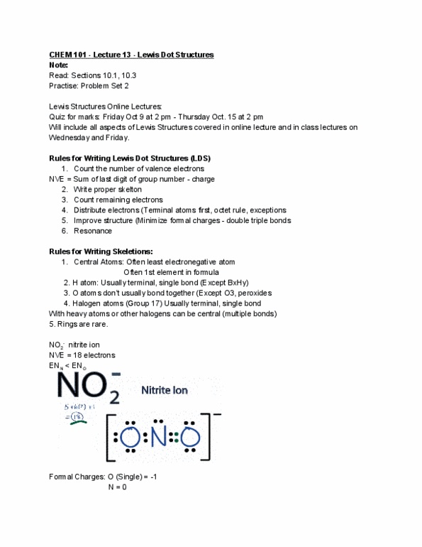 CHEM101 Lecture Notes - Lecture 13: Bond Length, Nitrous Oxide, Lewis Structure thumbnail