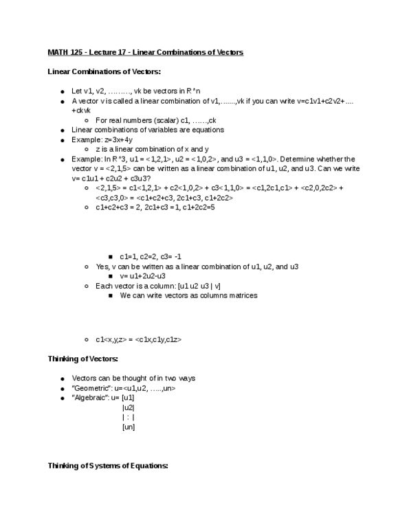 MATH 125 Lecture Notes - Lecture 17: Augmented Matrix, Linear Combination thumbnail