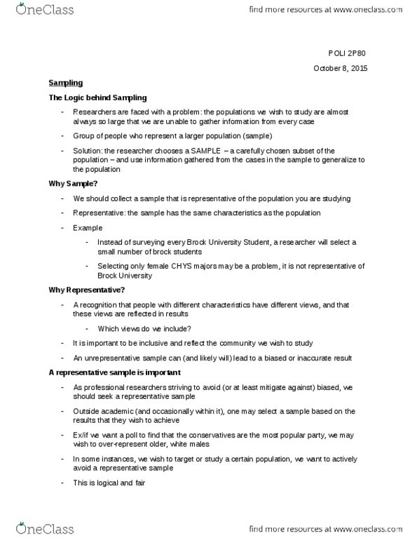 POLI 2P80 Lecture Notes - Lecture 5: Nonprobability Sampling, Quota Sampling, Sampling Frame thumbnail