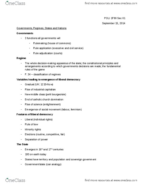 POLI 1F90 Lecture Notes - Lecture 4: Liberal Democracy, Bourgeoisie, Minority Rights thumbnail