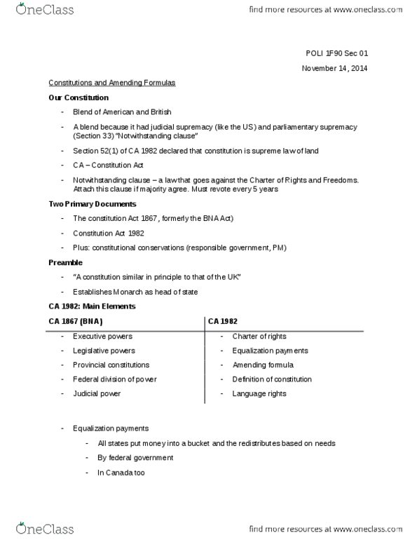 POLI 1F90 Lecture Notes - Lecture 18: List Of Amendments To The United States Constitution, Section 33 Of The Canadian Charter Of Rights And Freedoms, Parliamentary Sovereignty thumbnail
