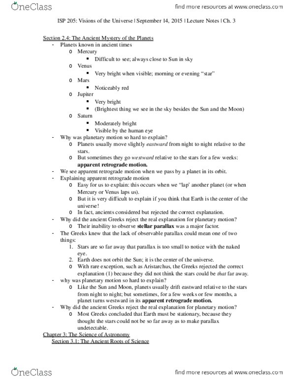 ISP 205 Lecture 5: ISP 205- Visions of the Universe | Lecture Notes | Ch. 3 thumbnail