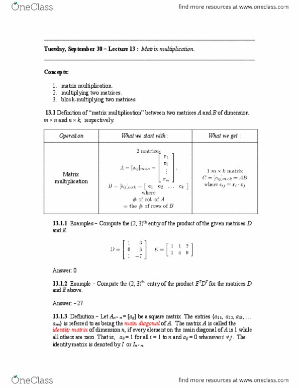 MATH115 Lecture Notes - Lecture 13: Main Diagonal, Identity Matrix, Transpose thumbnail