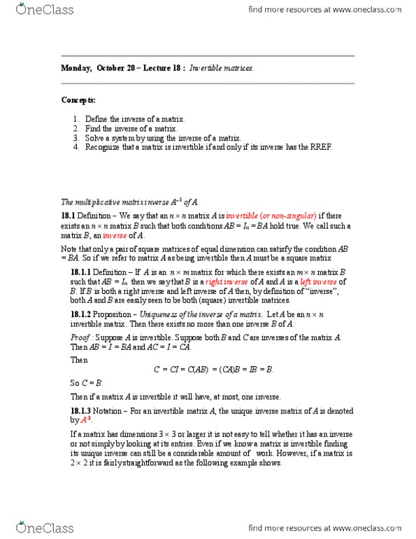 MATH115 Lecture Notes - Lecture 18: Augmented Matrix, Identity Matrix, Gaussian Elimination thumbnail