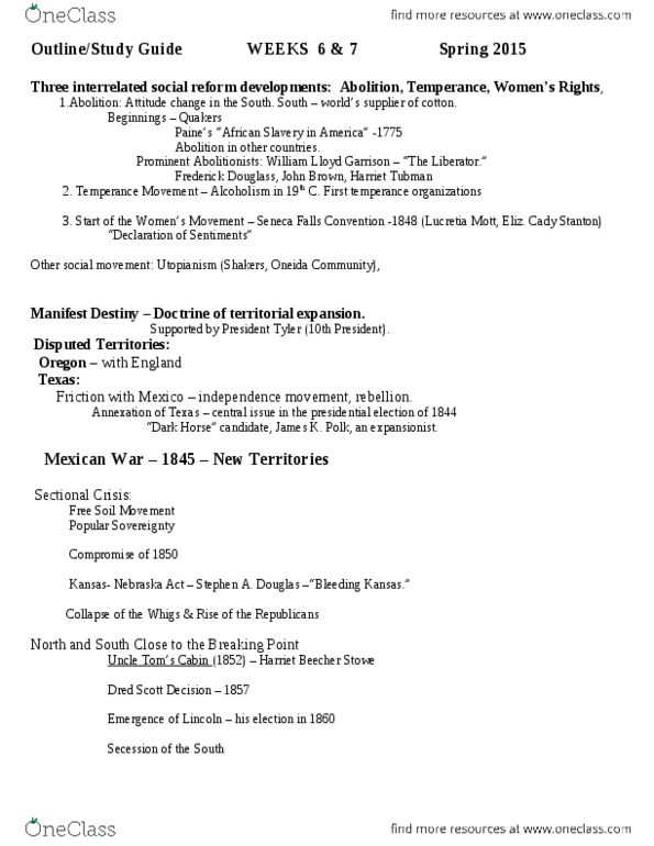 HIST 130 Lecture Notes - Lecture 6: Harriet Beecher Stowe, William Lloyd Garrison, Seneca Falls Convention thumbnail