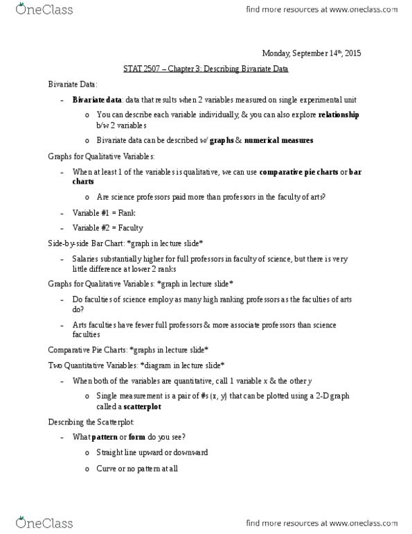 STAT 2507 Lecture Notes - Lecture 4: Standard Deviation, Dependent And Independent Variables, Covariance thumbnail