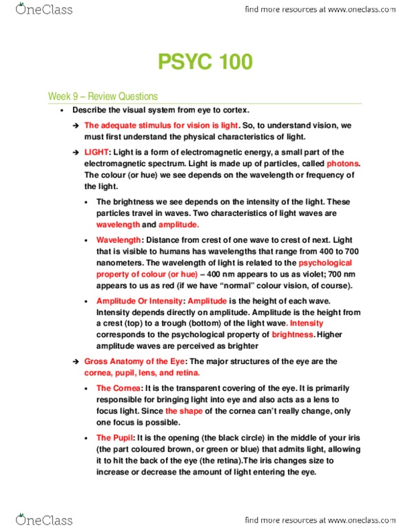 PSYC 100 Lecture Notes - Lecture 9: Electromagnetic Spectrum, Color Vision, Cornea thumbnail