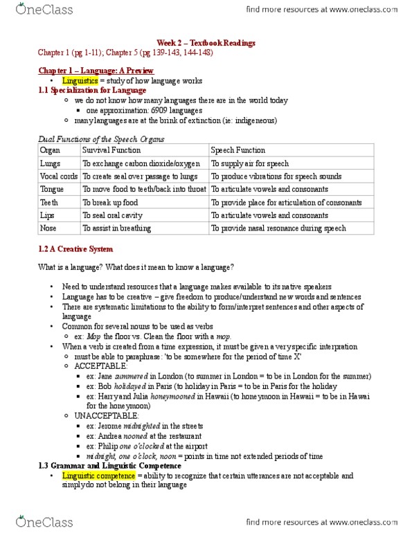 LINGUIST 1AA3 Chapter Notes - Chapter 1, 5.1.1,5.1.2: The Features, Italian General Confederation Of Labour, Inflection thumbnail