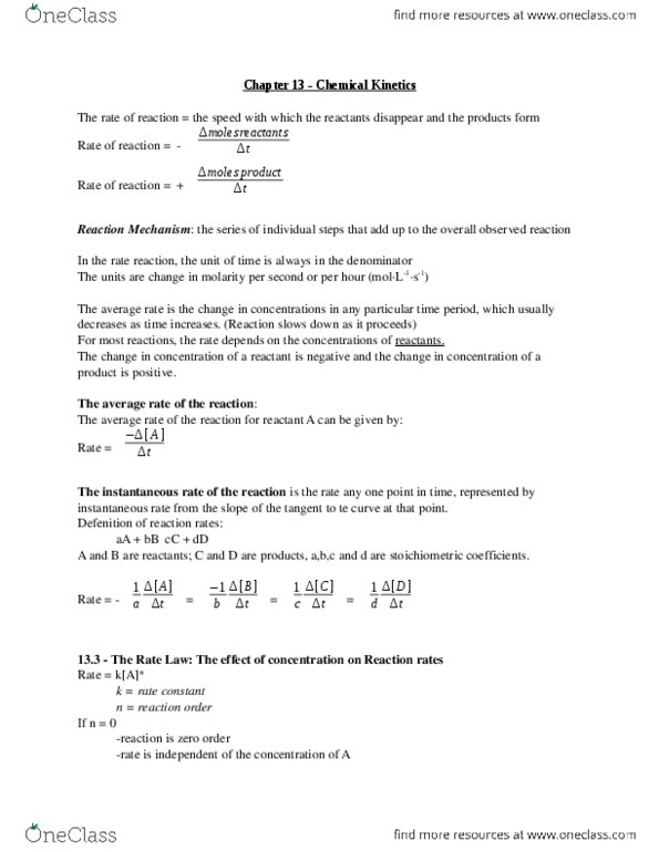 CHEM 1032 Chapter Notes - Chapter 13: Rate-Determining Step, Gas Constant, Rate Equation thumbnail