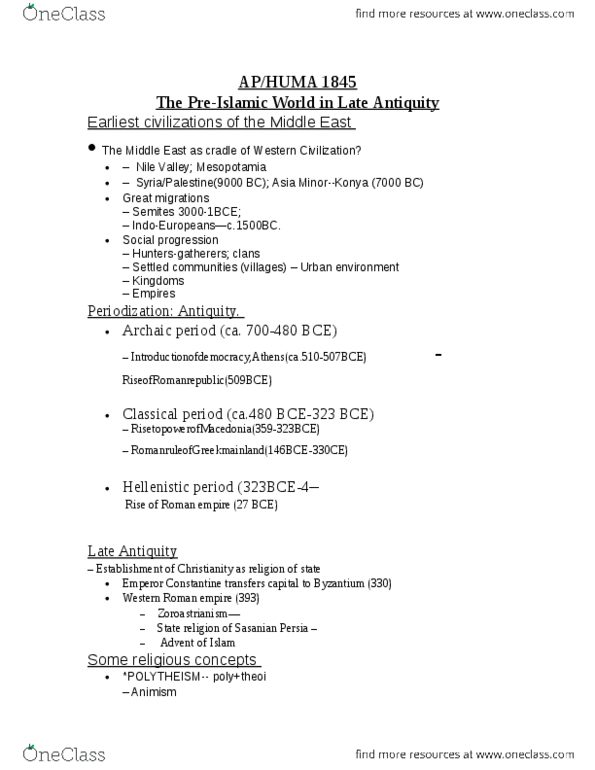HUMA 1845 Lecture Notes - Lecture 2: Late Antiquity, Abrahamic Religions, Polytheism thumbnail