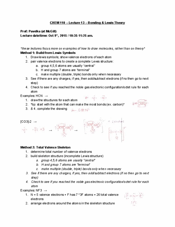 CHEM 110 Lecture Notes - Lecture 13: Lewis Acids And Bases, Lewis Structure, Noble Gas thumbnail