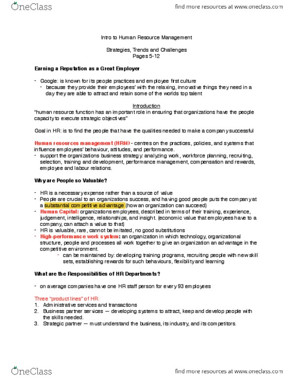 Management and Organizational Studies 1021A/B Chapter Notes - Chapter 1-3: Human Resource Management, Workforce Planning, Business Partner thumbnail