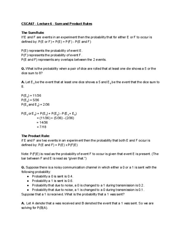 CSCA67H3 Lecture Notes - Lecture 6: Sample Space, Bayes Estimator, Product Rule thumbnail