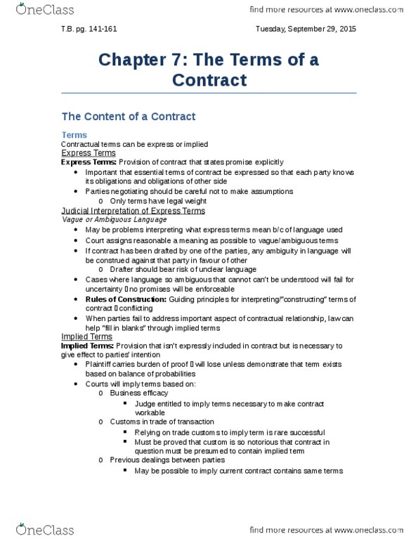 Management and Organizational Studies 2275A/B Chapter Notes - Chapter 7: Drafter, Parol Evidence Rule, Condition Subsequent thumbnail