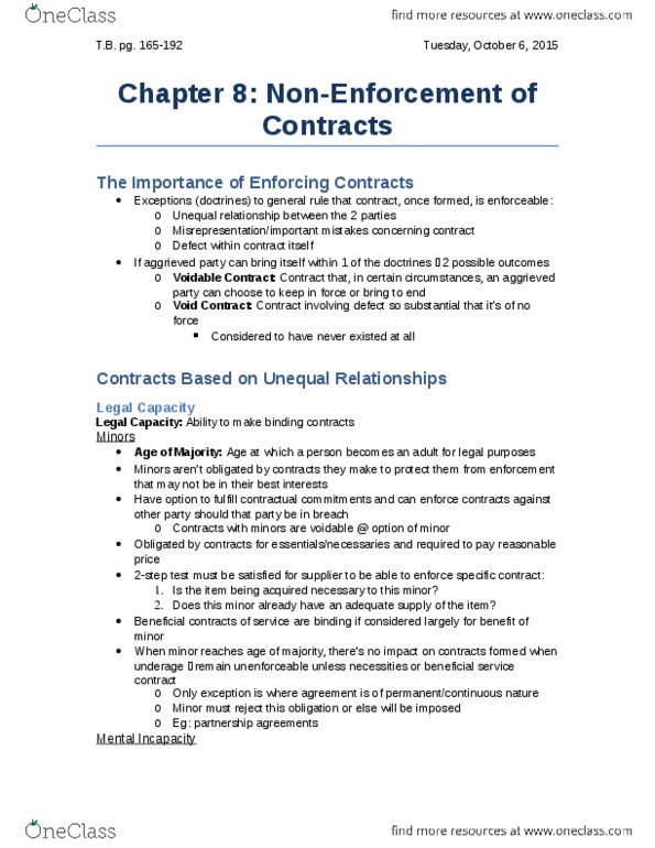 Management and Organizational Studies 2275A/B Chapter Notes - Chapter 8: Equitable Remedy, Oral Contract, Undue Influence thumbnail