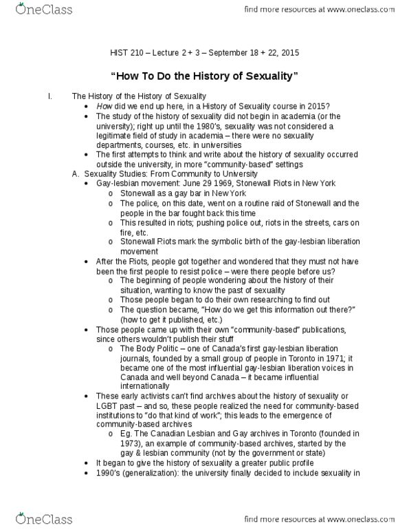 HIST 210 Lecture Notes - Lecture 2: Feminist Sex Wars, Heterosexuality, Paraphilia thumbnail