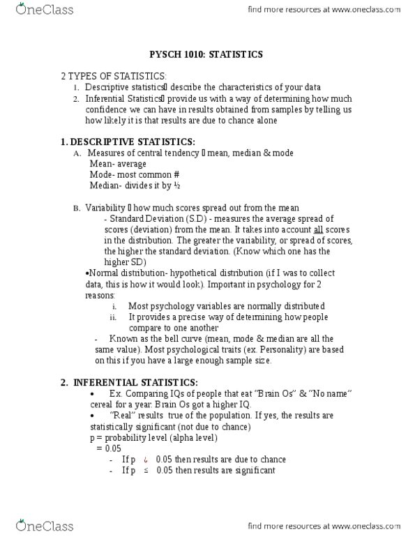 PSYC 1010 Lecture Notes - Lecture 3: Standard Deviation, Descriptive Statistics, Central Tendency thumbnail