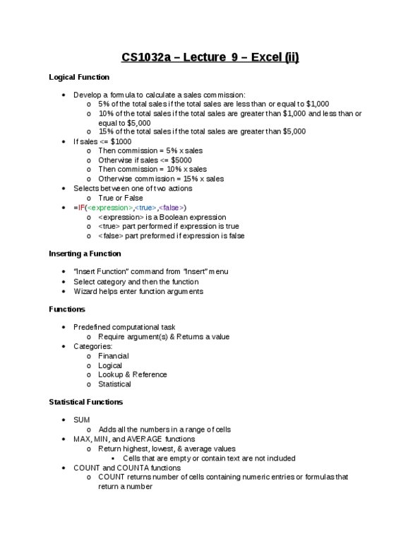 Computer Science 1032A/B Lecture Notes - Lecture 9: Boolean Expression thumbnail