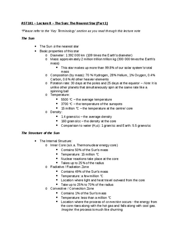 AST101H1 Lecture Notes - Lecture 8: Chromosphere, Nuclear Reaction, Nuclear Fusion thumbnail