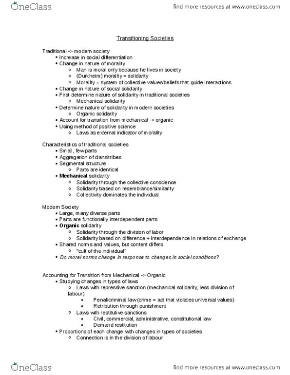 SOCI 331 Lecture Notes - Lecture 8: Mechanical And Organic Solidarity thumbnail