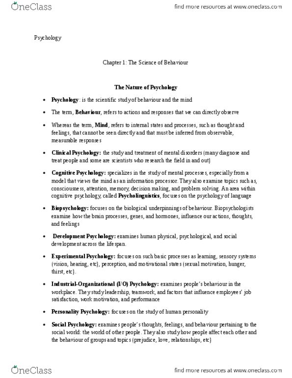 Psychology 1000 Chapter Notes - Chapter 1-4: Cognitive Psychology, Psycholinguistics, Behavioral Neuroscience thumbnail