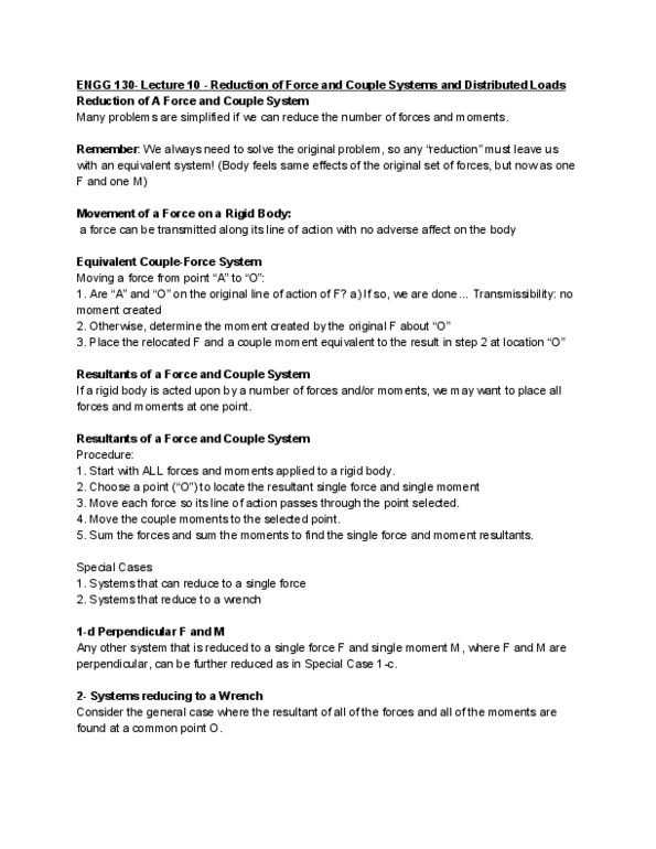 Engg130 Lecture 10 Reduction Of Force And Couple Systems And Distribute Oneclass 7405