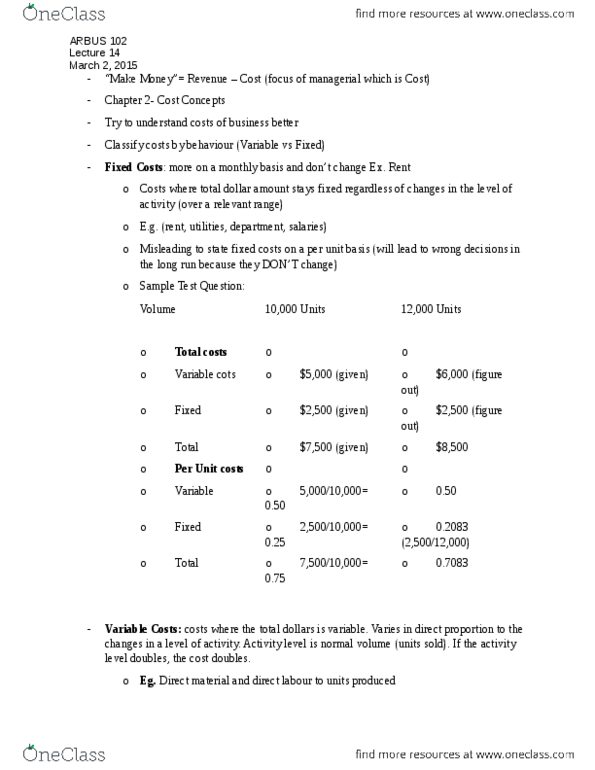 AFM102 Lecture Notes - Lecture 14: Opportunity Cost, Fixed Cost, Variable Cost thumbnail
