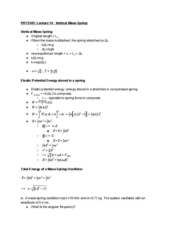 PHYS 101 Lecture Notes - Lecture 14: Elastic Energy, Angular Frequency, International Sport Karate Association thumbnail