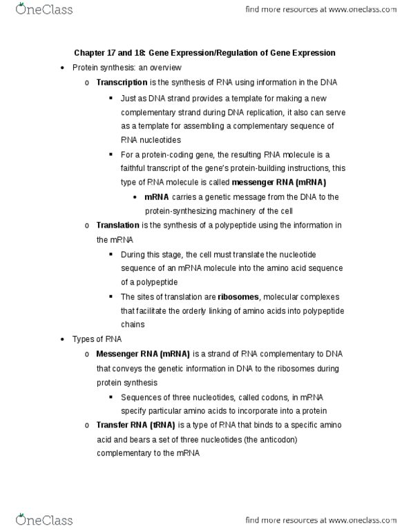 BIL 150 Lecture Notes - Lecture 11: Ribosomal Rna, Small Nuclear Rna, Rna Interference thumbnail