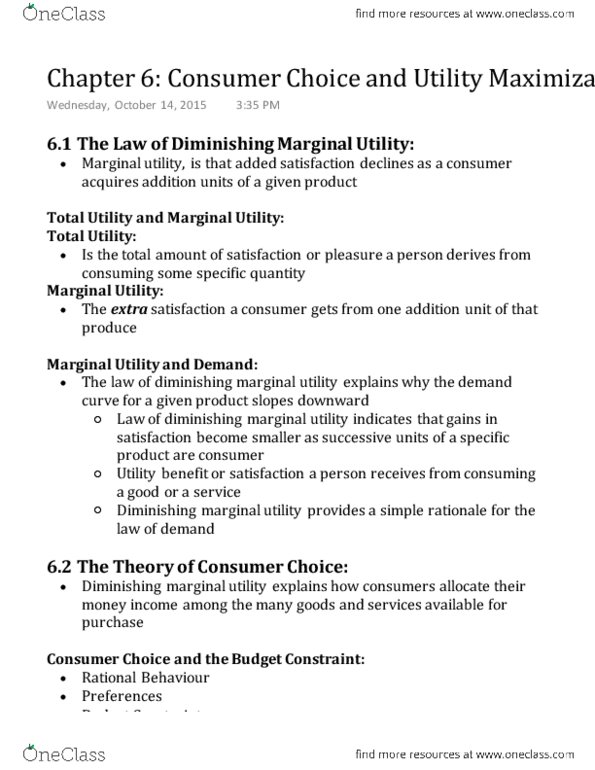 ECN 104 Chapter Notes - Chapter 6: Marginal Utility, Demand Curve thumbnail